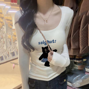 Pure Cotton Long Sleeve T-Shirt Womens Slim Fit Waist Cinched Shoulder U-Neck Cat Print Base Shirt Top for Autumn
