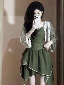 Plus Kích Thước Xanh Vintage Đan Đầm Bộ Nữ Có Xù Và Cao Cấp Áo Chui Đầu Áo Len Tay Dài Phong Cách Thường Ngày sợi Acrylic