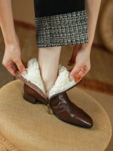 Ankle Boots Women Winter Fleece Thick Velvet Square Toe Low Heel Flat Chunky Heel Genuine Leather Boots Large Cotton-padded Shoes Side Zipper Full Cowhide