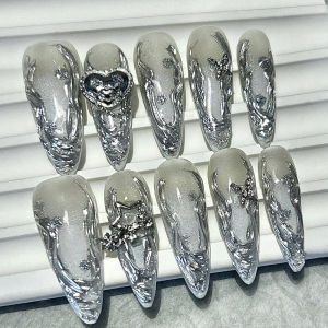 Gradient Silver Vine Gilt Heart Long Tip Handmade Designer Press On Nails Stars Butterfly Diamonds Fake Nails Y2K Cool Nail Art