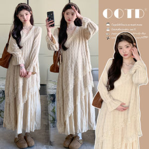 Maternity Dress Embroidery Pleated Lace Long Sleeves Autumn Winter