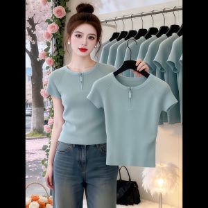 SHUQINGLAI | Áo Thun Knit Thiết Kế Mở Nửa Ảnh