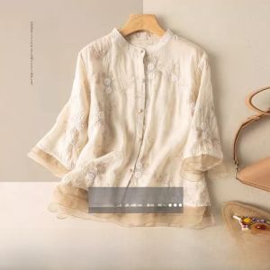Elegant Embroidered Hemp Shirt Womens Fashion Age-Defying European Tulle Splice Cotton Linen Top High-End Heavy Work Commute Style