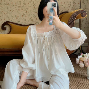 สไตล์ Hepburn ฝรั่งเศส สีขาว Sleep เดรส ผ้าฝ้าย Princess Wind Long กระโปรง Homewear ผู้หญิง Nightgown หวาน Dreamy Comfort Feel