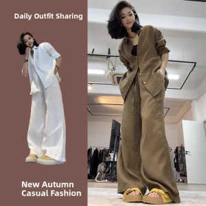 LIANGYILAILIN | Relaxed Fit Long Sleeve Shirt and Wide Leg Pants Set