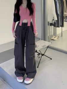 Size 25-32 Plus Size High Waist Cargo Pants Women Casual Loose Lace Up Wide Leg Trousers Dance Pants with 4 Pocket