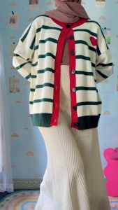 Strip Knit Cardigan Rajut Wanita Oversize Jumbo Lengan Panjang Terbaru Korean Style