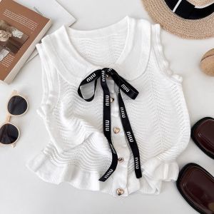 Áo Vest Không Tay Ngắn Ôm Vừa Vặn Phong Cách Pháp Cho Nữ Mùa Hè Mới Thiết Kế Cổ Bẻ Viền Bèo Nhún Áo Len Dệt Kim Mềm Mại
