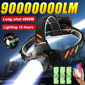 90000000LM Most Powerful LED Headlamp Ultra Bright 4500M Head Flashlight Rechargeable Head Torch Fishing Hunting Headlight 18650