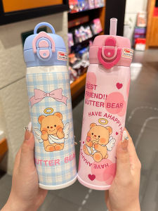 Cốc Nước Cách Nhiệt Hoạt Hình Hoạt Hình Dễ Thương Cho Trẻ Em Đi Học Cốc Nước Cầm Tay Bằng Thép Không Gỉ Có Van Hút PP Dung Tích 480ml