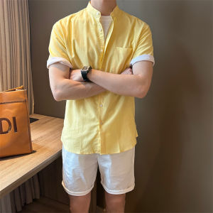 Mr. NR Korean Style Short Sleeve New Chinese Stand Collar Pure Color Linen Casual Shirt Breathable Fabric Mens Spring Summer Shirt