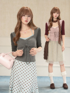 loveheynew | Áo Thun Dài Tay Cổ Kết Nơ Phối Màu Retro Đơn Giản