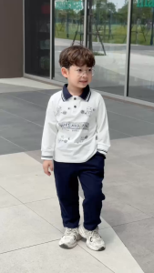 Set bộ polo bé trai dài tay áo polo cổ dệt họa tiết hình in kèm quần dài 9 tới 25kg BERNIE H0725B65