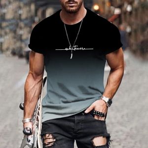 2025 New Mens Gradient Letter Printed Comfortable and Breathable Round Neck T-shirt Outdoor Street Fashion Top