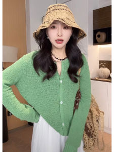 เสื้อคาร์ดิแกนถักแขนยาวหลวมๆ สีเขียว สำหรับผู้หญิง ฤดูใบไม้ผลิและฤดูร้อน ไซส์ใหญ่ ปกป้องแสงแดด เสื้อผ้าทำงานสไตล์เกาหลี