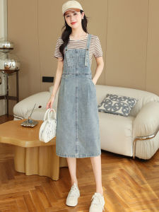 ฤดูร้อน สไตล์ใหม่ ผู้หญิง เดนิม เชือกแขวนคอ เดรส ชุดทูพีซยาวปานกลางลายทางแขนสั้น ทันสมัย การเดินทางที่ท้าทายต่ออายุ ผ้าฝ้าย Blend