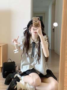 Preppy Style Stripes Ruffles Puff Sleeve Shirt Female Early Autumn Sweet Stylish Small Man Slimming Short Top