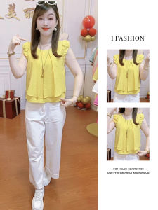 Korean Style Slimming Fashionable Shirt Womens Summer New Design Small Flying Sleeve Chic plus Size round Neck Blend Suit Tops