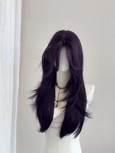 Ashely Dark Purple Wig Female 22inch Long Hair Curtain Bangs Layered Nature Straight Hair Cosplay Synthetic Wigs Lolita Perruque