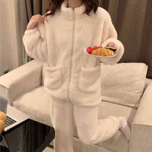 Womens Coral Fleece Pajamas Winter Thickened High Collar Long Sleeve Sleepwear Set with Zipper Sweet Style Home Clothes