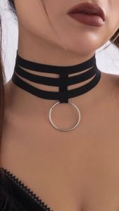 Gothic Black Elastic Band Short Chain Necklace for Women Collar Vintage Big Circle Pendant Choker Halloween Accessories Jewelry