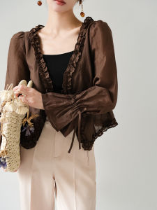 French Silk V-neck Ruffled Edge Womens Blouse