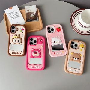 กระจกซิลิโคนเหลวเคสโทรศัพท์รูปหมีสตอเบอร์รี่สำหรับ iPhone 6 7 8 X XS XR 11 12 13 14 15 16ซีรีส์
