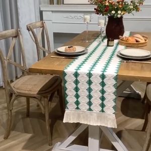 Local Seller Table Runner Cotton and Linen Farmhouse Style Braided Tassle Design Woven Made