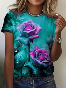 Teal & Purple Womens Tee - Dewy Rose Graphic Vibrant Floral Print Design for Casual Daily Wear
