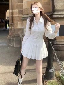 Chic Date Gored Skirt Womens Spring Autumn New Waist Cinching Slimming Small Size Beautiful Princess Skirt Long Sleeve Short Dress