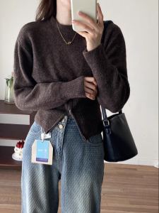 Comfortable Zipper Waist Knitwear round Neck Pullover Solid Color Slimming Sweater Design Style Commute Spring New Arrival