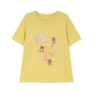Floral Bear Print Loose Tshirt Summer Simple Design Casual Top