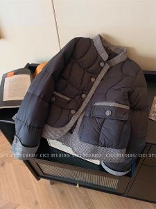 High-End Womens Black Tweed Splice Cotton Jacket Fashionable Commute Warm Top Winter Long Sleeve Stand Collar Silk Shirt