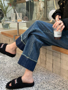 High Waist Wide Leg Denim Jeans Womens Spring Season Faded Effect Coat Hiding Pear Shape Body Roll Cuff Straight Long Pants