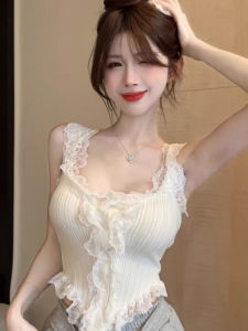 chaqi | Áo Ngắn Dáng Bất Quy tắc Vai Trễ Viền Ren