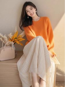 Orange Sweater Pleated Mini Skirt Loose Lazy Style Korean High-End Fashion Set Anti-Aging Whole Set Winter Collection