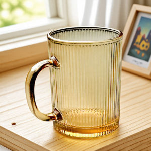 2025 New Crystal Glass Cup with Handle Stripe Cup Amber Color No Cover Water Cup Womens Tea Cup High Temperature Resistant Vertical Stripe
