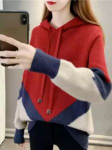 เสื้อสเวตเตอร์ถักมีฮู้ดสำหรับผู้หญิง ทรงสั้น แฟชั่นฤดูใบไม้ผลิและฤดูใบไม้ร่วง เสื้อเชิ้ตคอกลมแขนยาวแบบสวมหัว