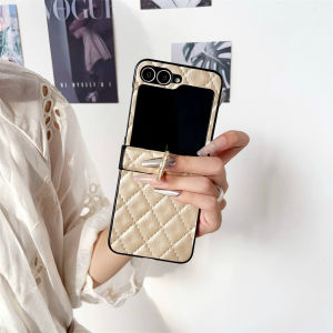 szhaiyu | For Samsung Galaxy Z Flip 8 7 7E 6 5 4 3 Leather Case With Ring Buckle Grid Pattern Stand Holder Shockproof Protection Cover