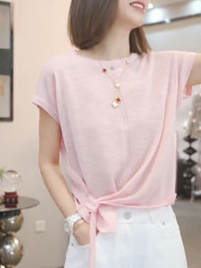 Shalldoer | Áo thun dệt kim tay ngắn thiết kế bên hông cho nữ mùa hè mỏng nhẹ thường ngày màu trơn dài vừa phải cổ tròn