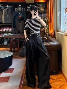 Áo Thun Dệt Kim Tay Ngắn Màu Đen Trắng Cho Nữ Mùa Hè Ice Silk High Shoulder Áo Thun Ngắn Tay Mỏng Thời Trang Thường Ngày