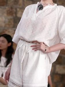 PEACEBIRD | Xu Rulan Style Lace Hollow Summer Blouse Set