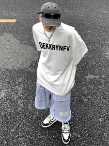 เสื้อยืดแขนสั้นผู้ชาย ทรงหลวม ทรงหลวม ลายตัวอักษร ทรงหลวม แขนสั้น ทรงหลวม ทรงหลวม สไตล์ย้อนยุค อเมริกัน ขาว ฤดูร้อน 2024