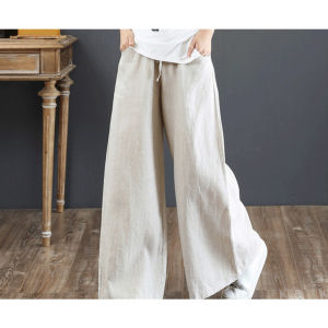 MINOSA Women Casual Plain Basic Linen High Waist Wide Leg Loose Pants Tie Front With Pockets M-2XL (Beige/Dark Blue/Black)