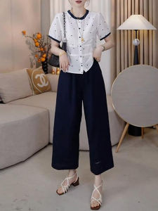 Shalldoer | Áo sơ mi tay ngắn in hình trái tim thoải mái Áo chui đầu cổ tròn quần dài đến mắt cá chân hai mảnh thời trang mùa hè