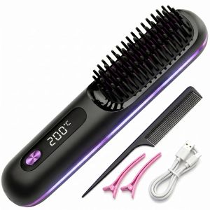 USB Charging Portable Hair Straightener Brush Cordless Straightening Comb LED Display & Ceramic Coating Ionic Technology