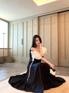 French Style Hepburn One Shoulder Dress Womens Waist Cinching Slimming Birthday Party Annual Meeting Evening Gown Long Dress