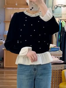 Shalldoer | Color Block Round Neck Shirt Womens Spring Autumn Fashionable Versatile Blouse Floral Lace Trim Casual Style Breathable Skin-Friendly