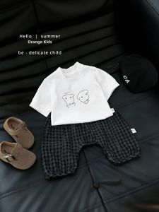 Summer Cartoon Print Boys Outfit Set Loose Fit Plaid Pants