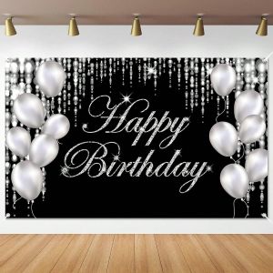Black Silver Glitter Happy Birthday Backdrop White Balloon Diamond Draped Photo Background for Birthday Party